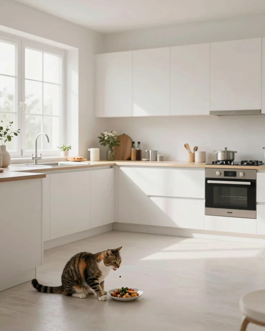 Happy cat and dog sharing a meal in a bright, minimalist Scandinavian kitchen, soft natural daylight, wide shot with amp